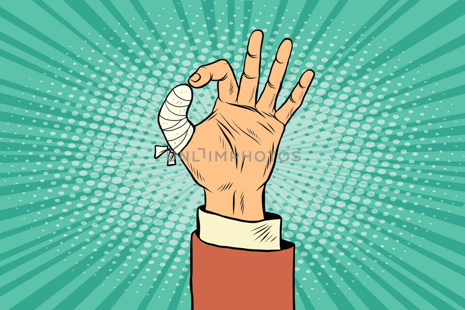 OK gesture bandaged finger. Pop art retro vector illustration