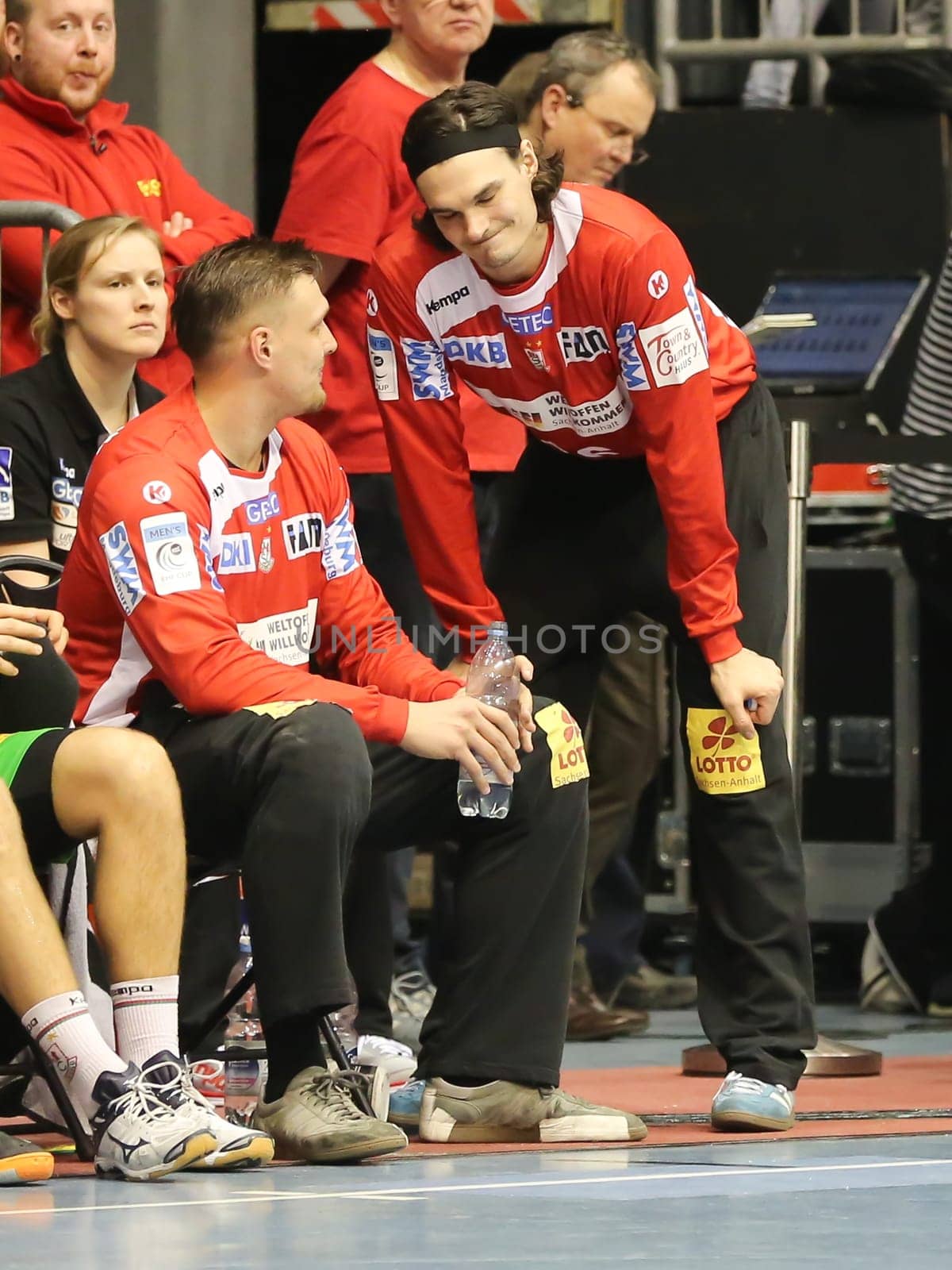 Goalkeeper Dario Quenstedt and Jannick Green (both SC Magdeburg) in the EHF Cup match SC Magdeburg-Tatabanya KC on 19.2.17 in Magdeburg