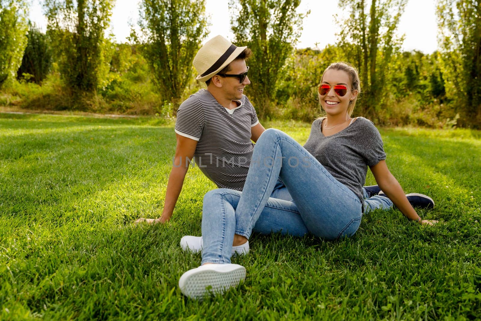 Top view of a happy young couple in the park together
