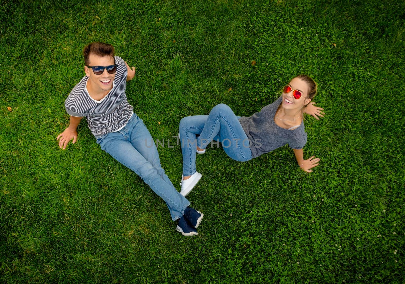 Top view of a happy young couple in the park together