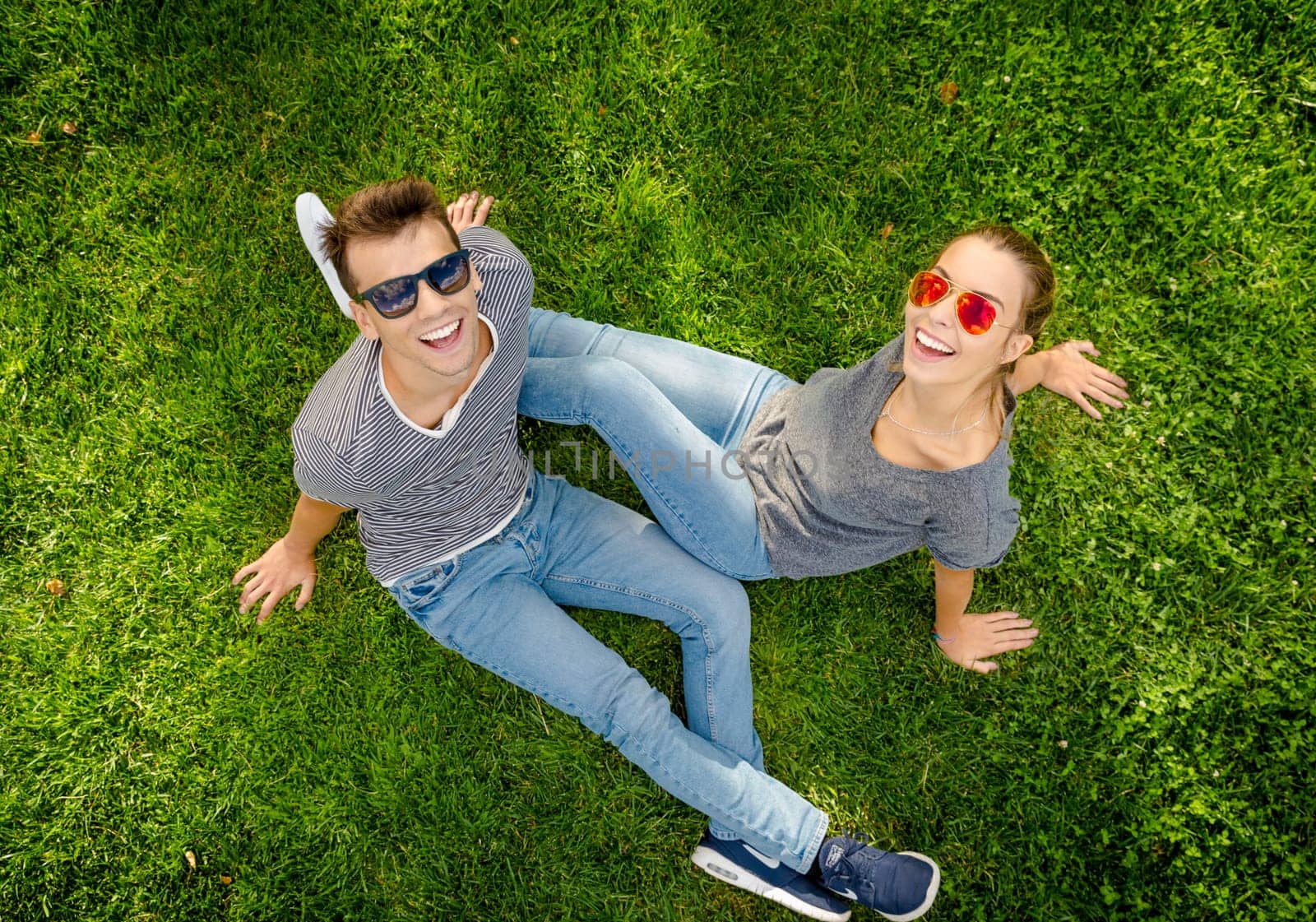 Top view of a happy young couple in the park together