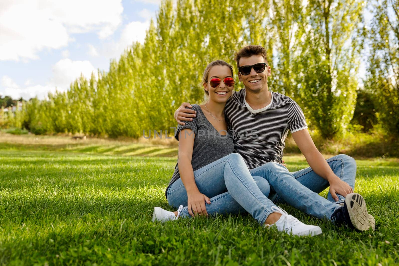 Top view of a happy young couple in the park together