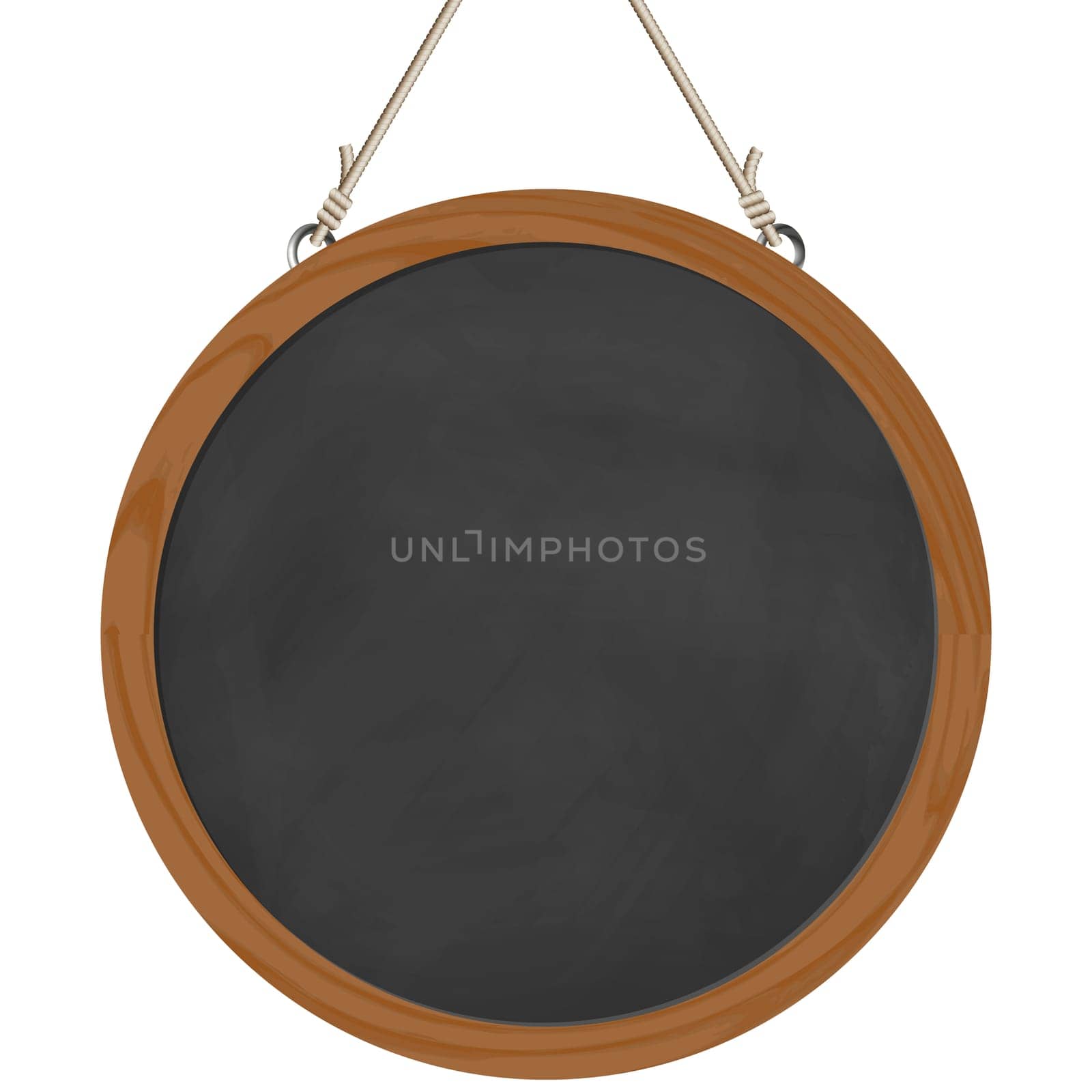 blank black board with wooden frame hanging on ropes