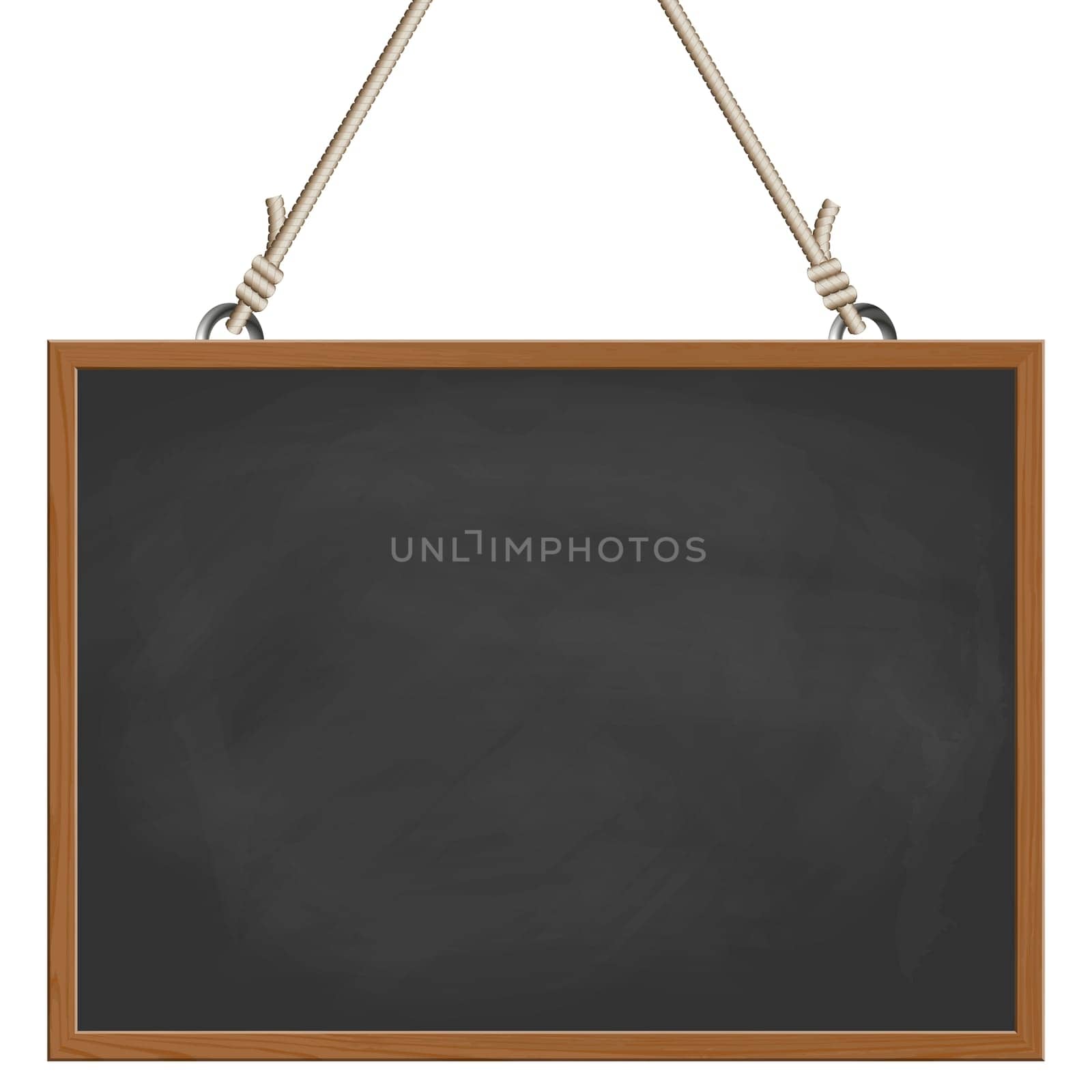 blank black board with wooden frame hanging on ropes