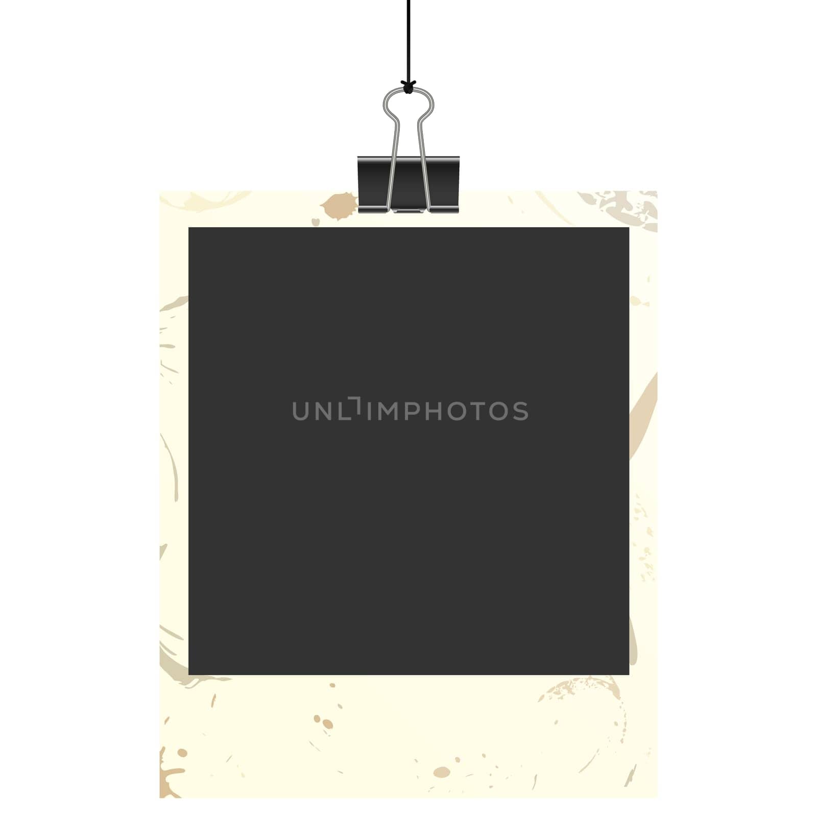 old empty dirty photo with binder clip hanging at black twine