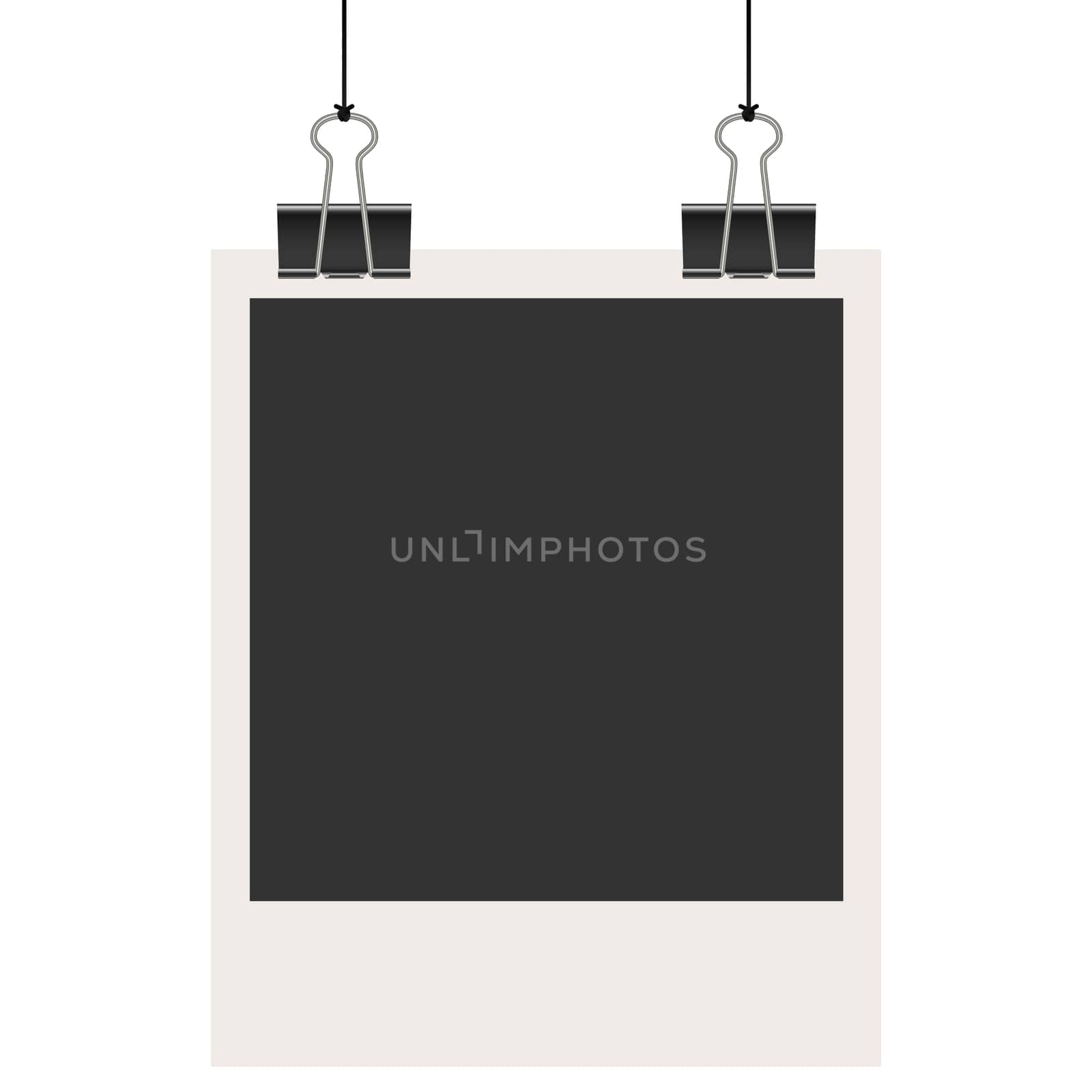 old empty photo with binder clips hanging at black twine
