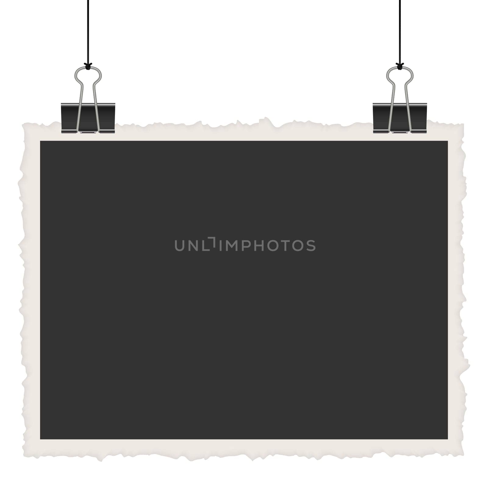old empty photo with binder clips hanging at black twine
