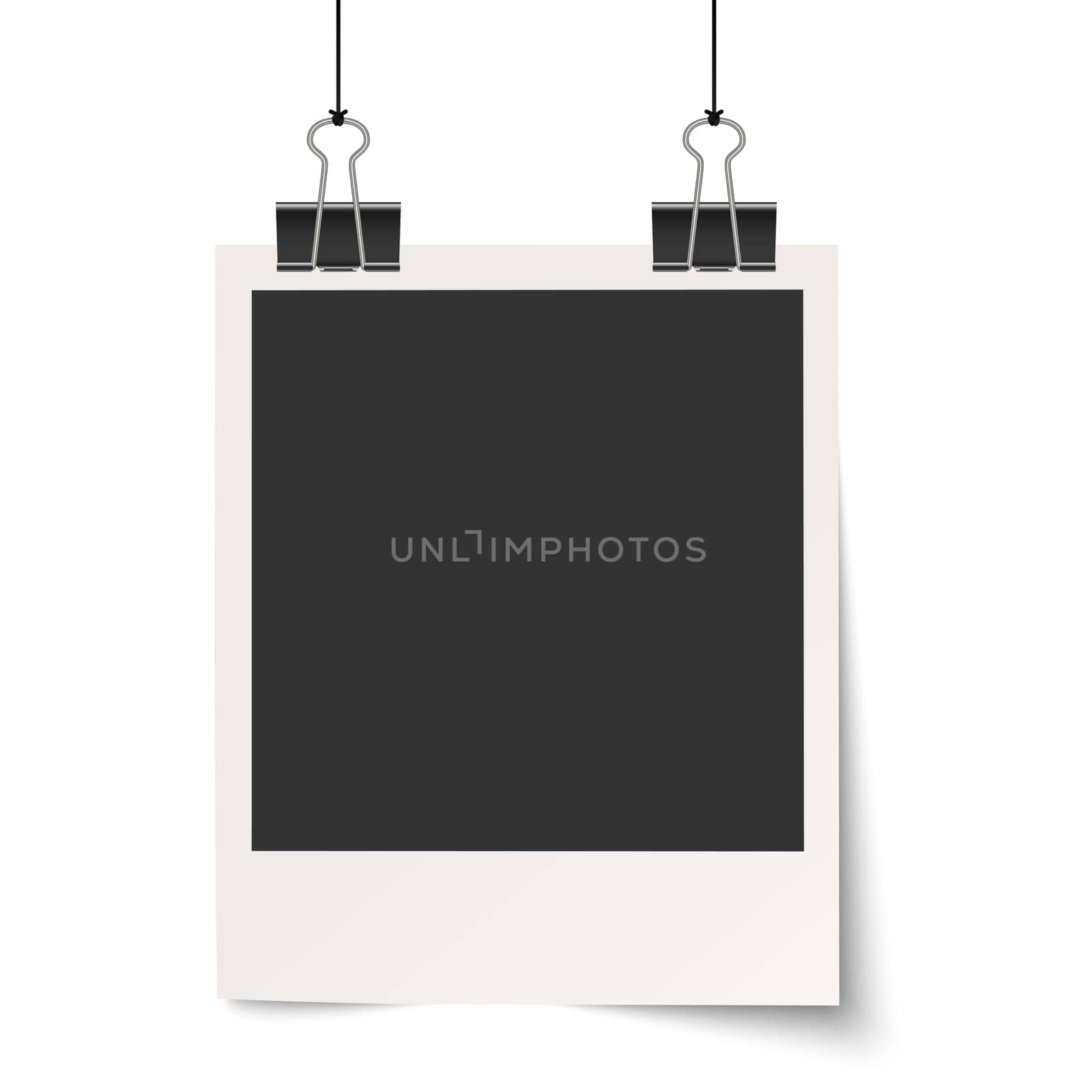 old empty photo with binder clips hanging at black twine