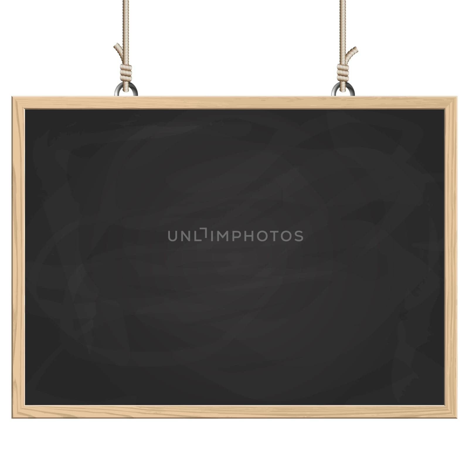 blank black board with wooden frame hanging on ropes