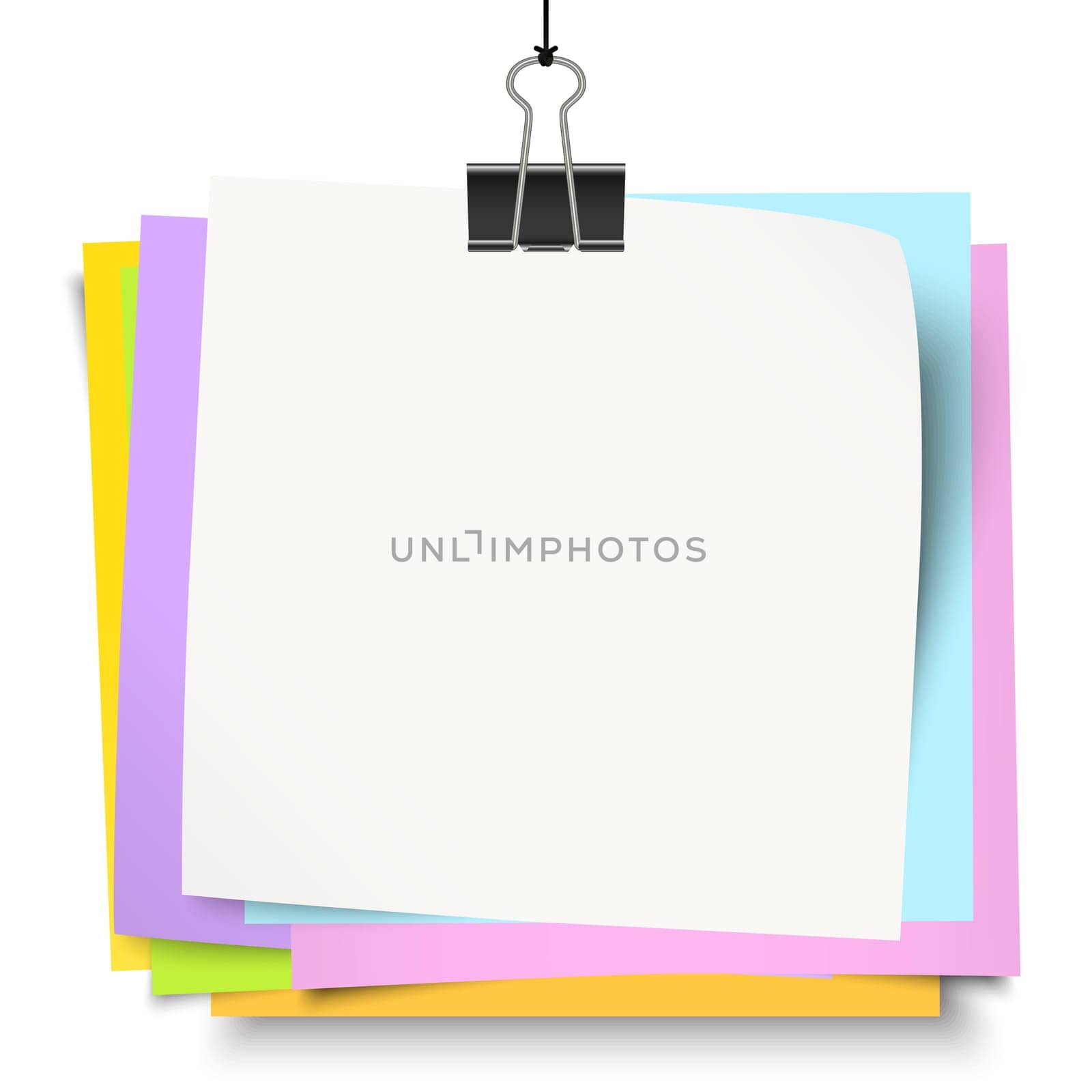 empty colored little papers with binder clip hanging at black twine