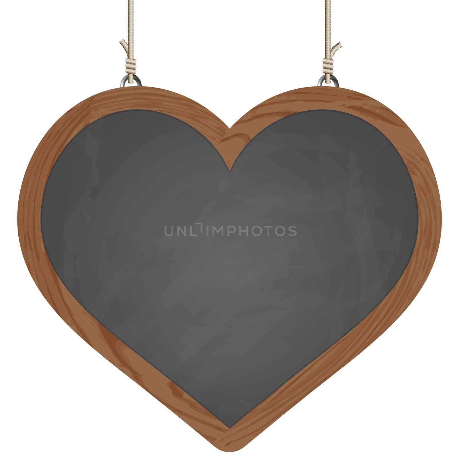 blank heart black board with wooden frame hanging on ropes