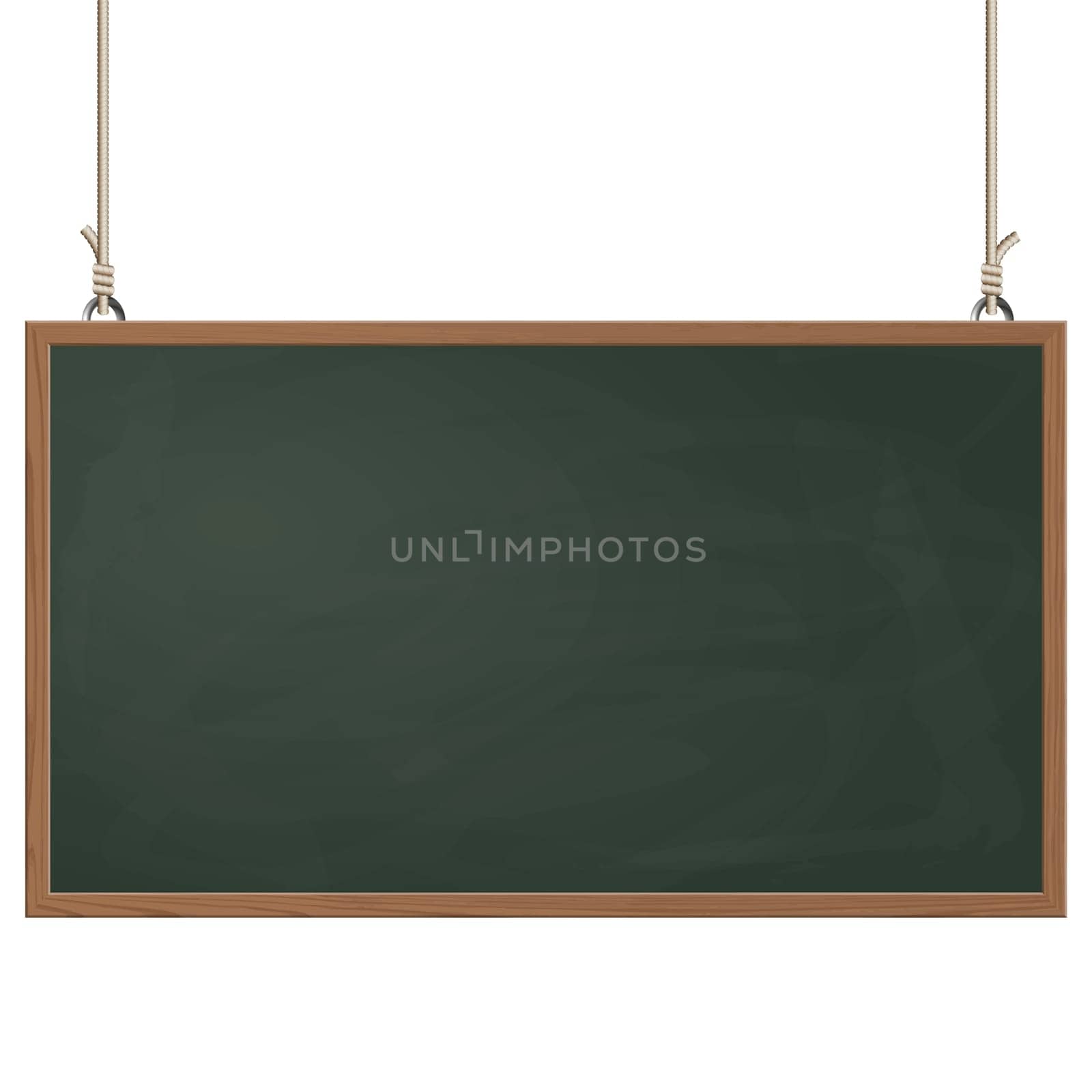blank black board with wooden frame hanging on ropes