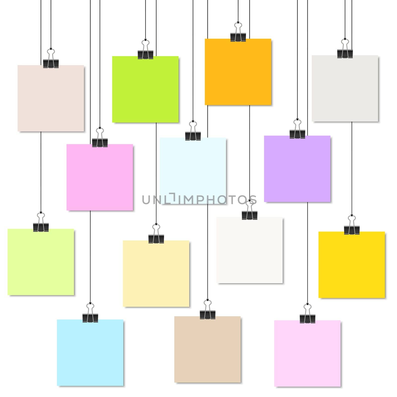 empty colored papers with binder clips hanging at black twine