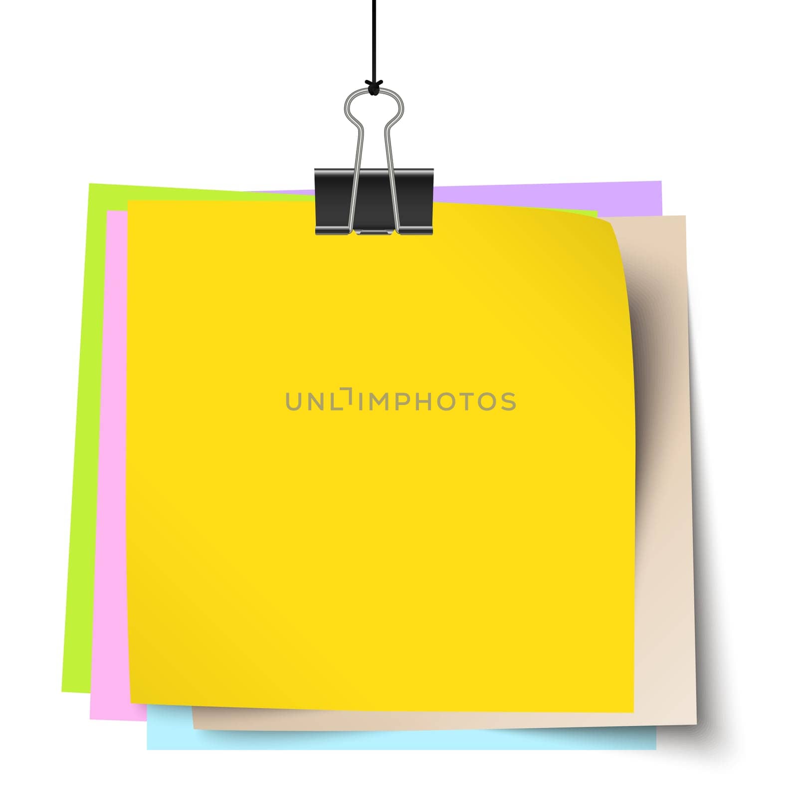 empty colored little papers with binder clip hanging at black twine