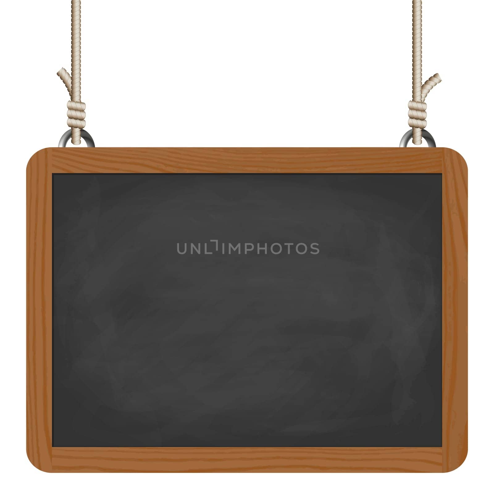 blank black board with wooden frame hanging on ropes