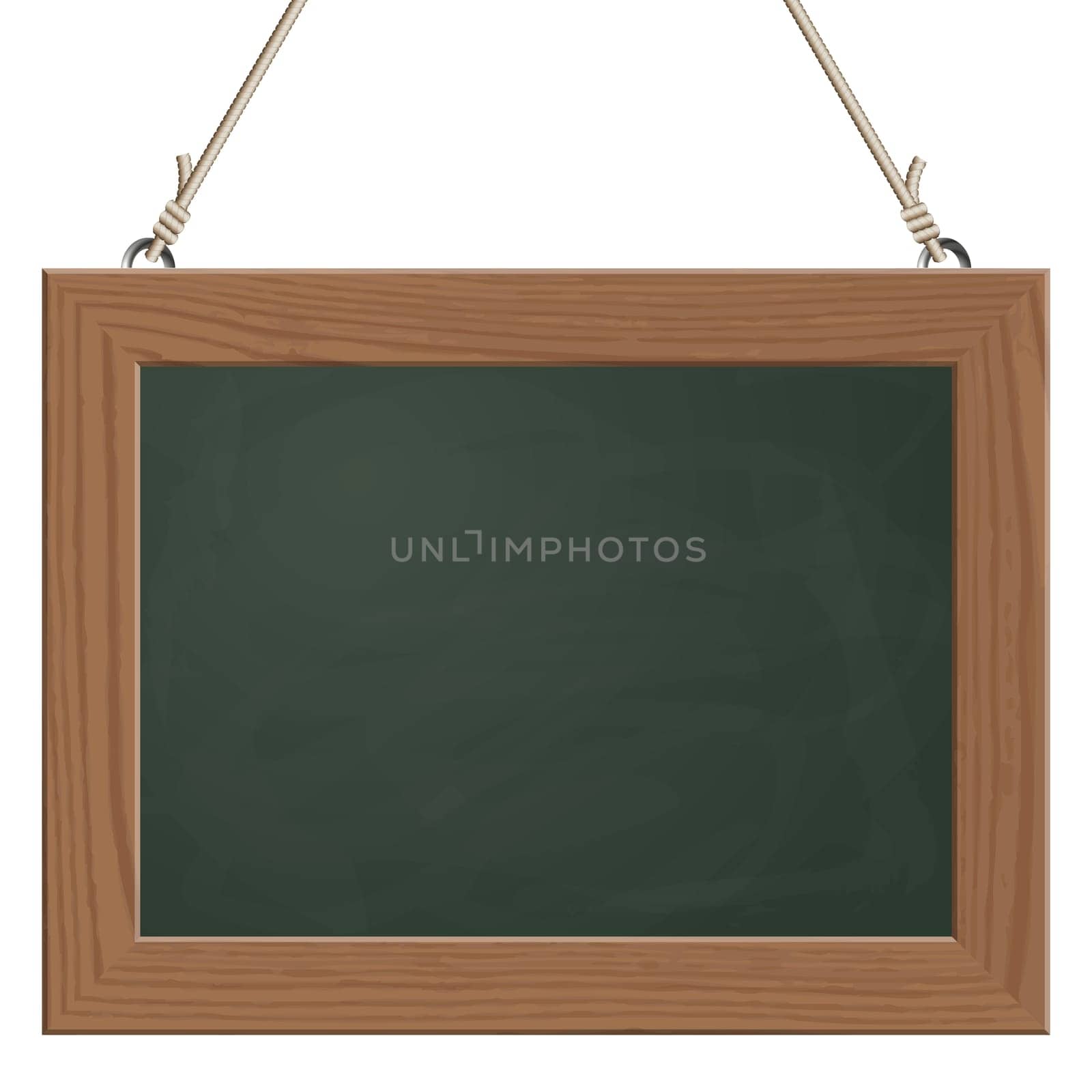 blank black board with wooden frame hanging on ropes