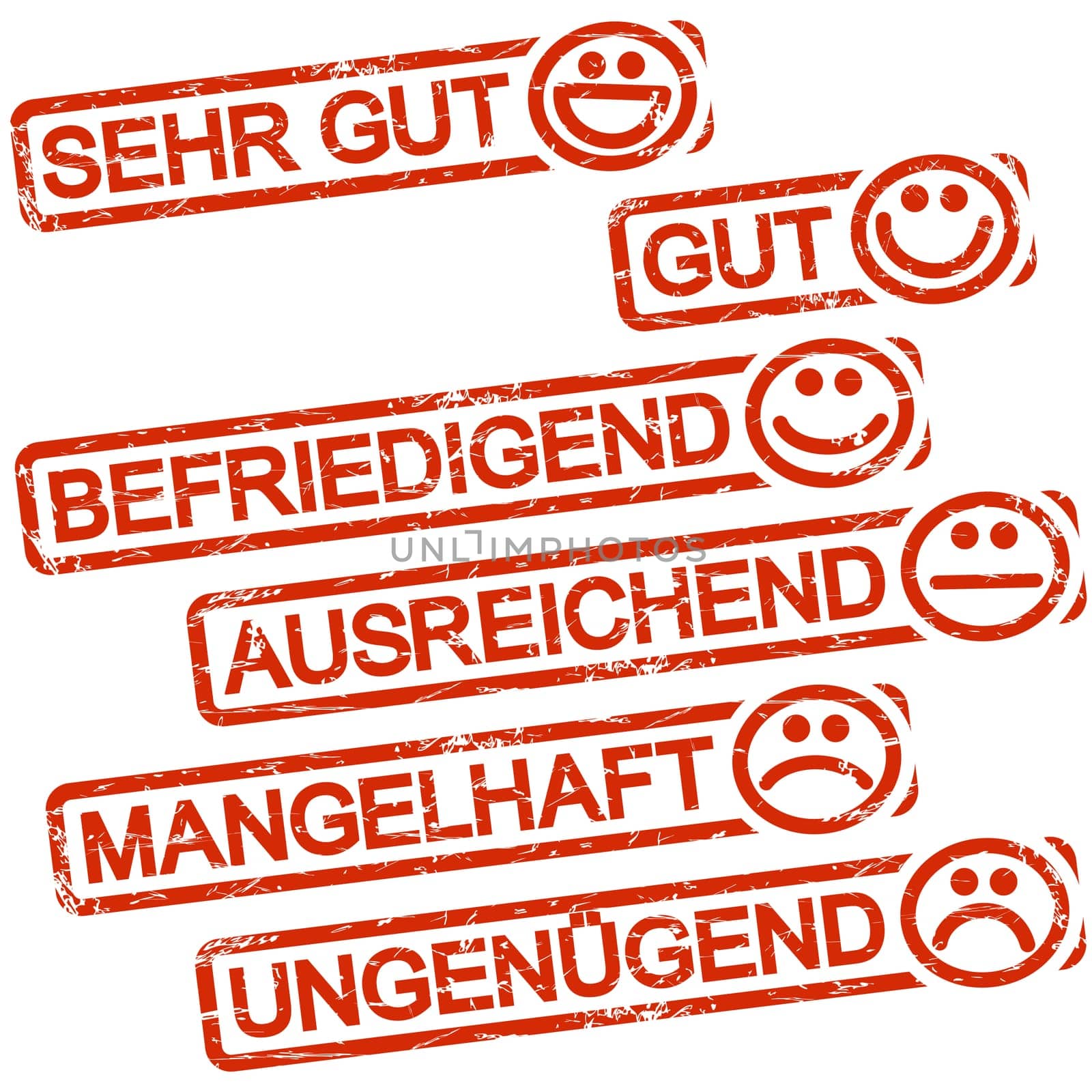 six grunge stamps with frame colored red,smilies and ratings