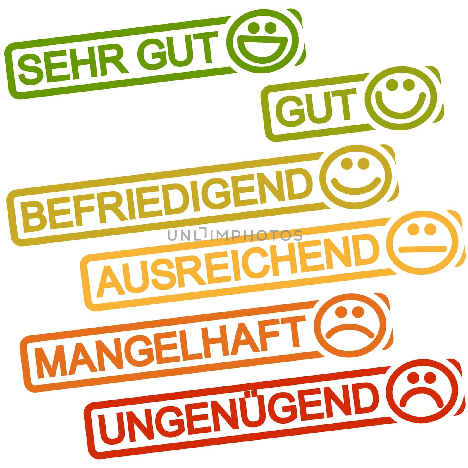 six grunge stamps with frame colored from green to red,smilies and ratings
