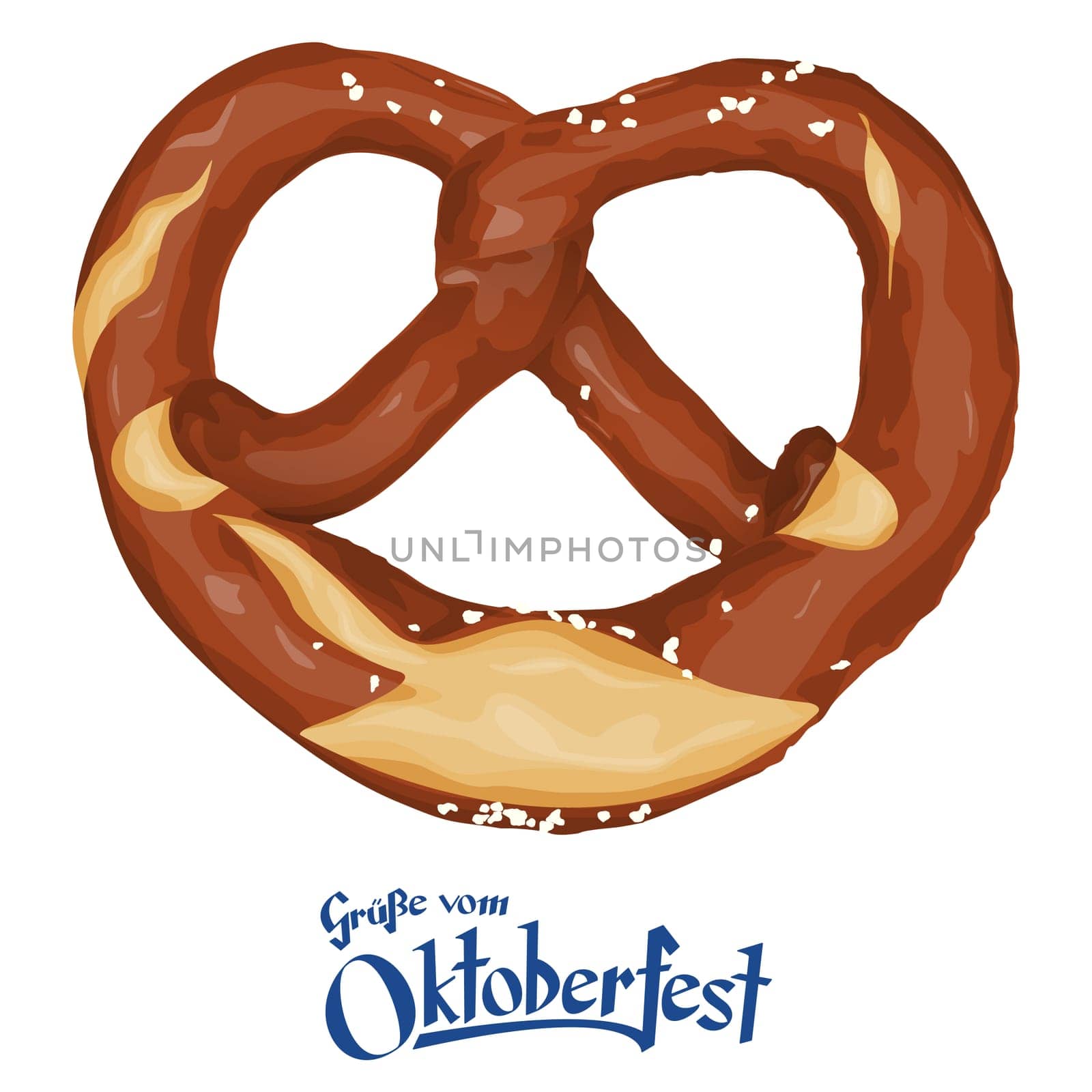vector illustration of an brown bavarian pretzel isolated on white background and text greetings from Oktoberfest (in german).