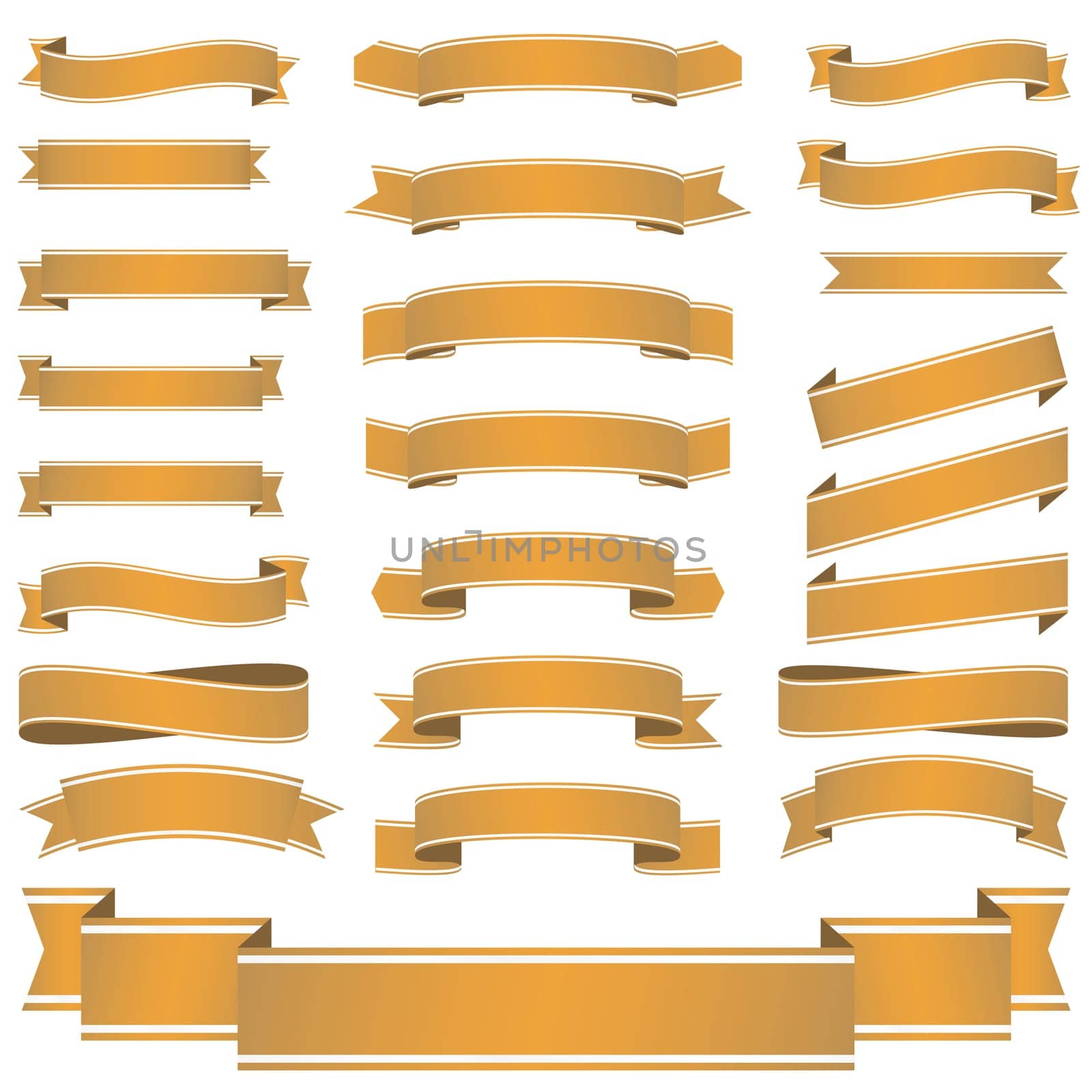 big collection of yellow colored empty banners isolated on white background