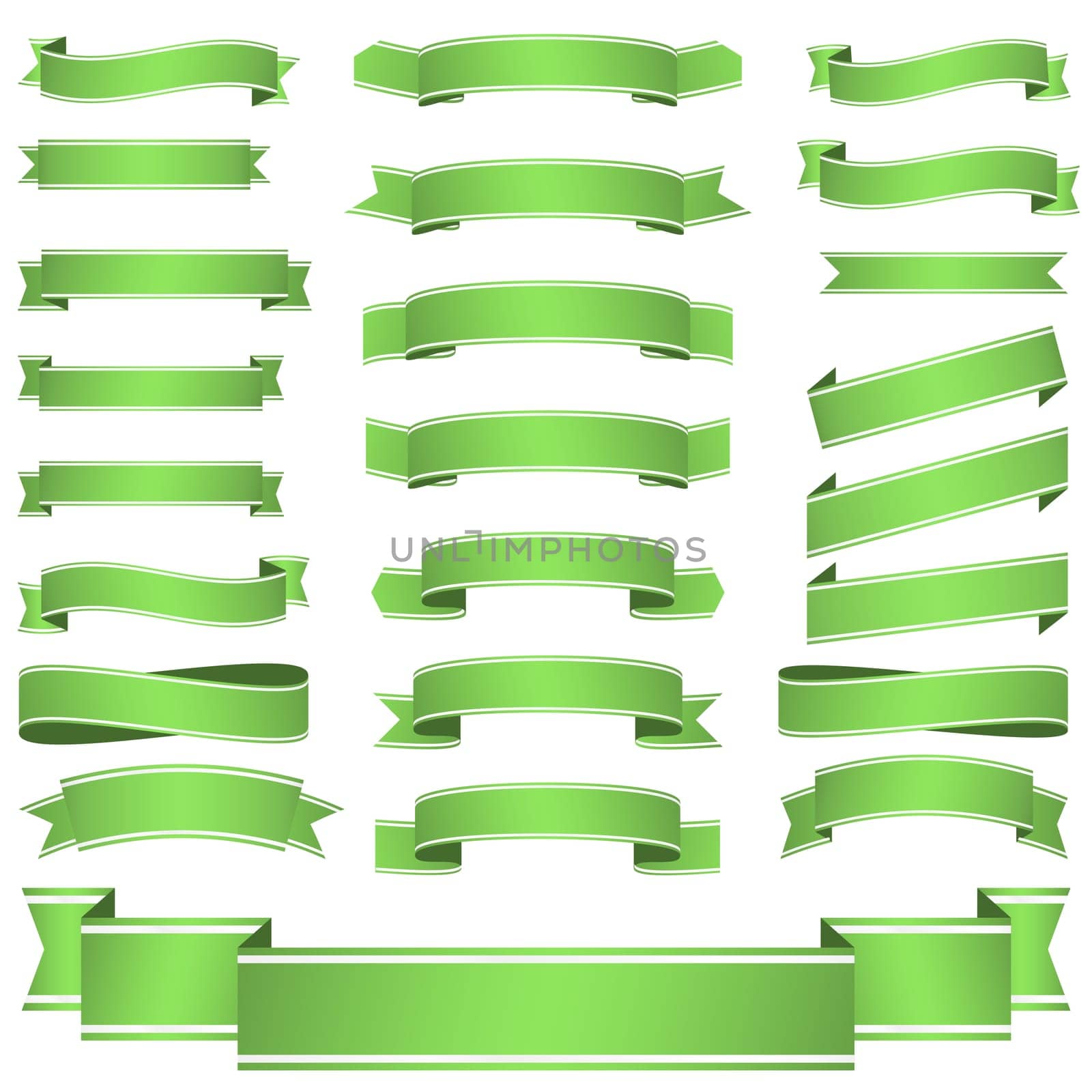 big collection of green colored empty banners isolated on white background