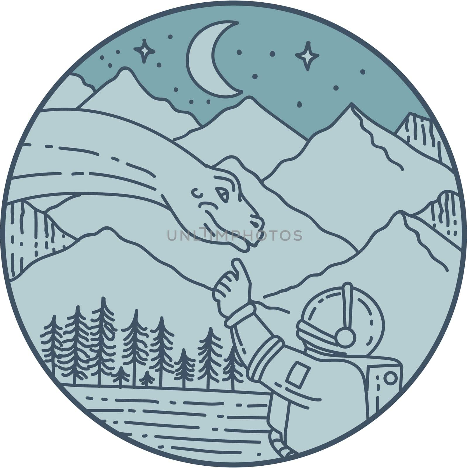 Mono line style illustration of an astronaut touching brontosaurus dinosaur head set inside circle with mountain, moon, stars and trees in the background.