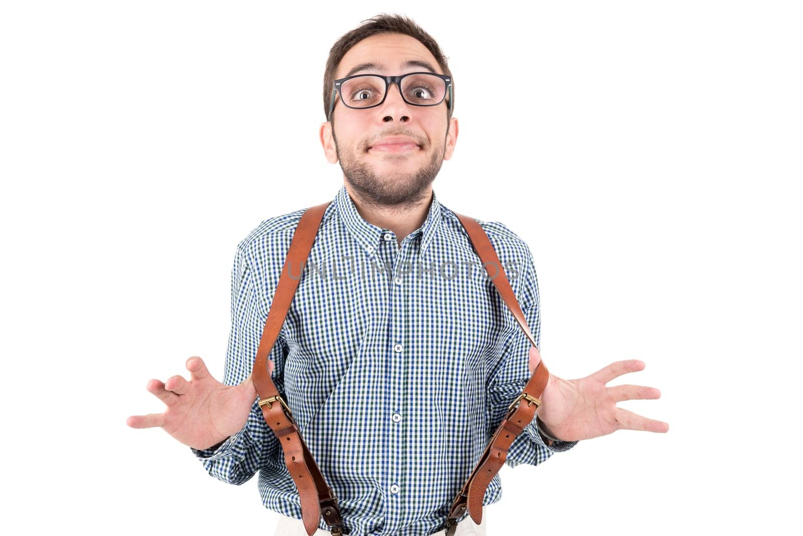 Happy nerd posing isolated in a white background