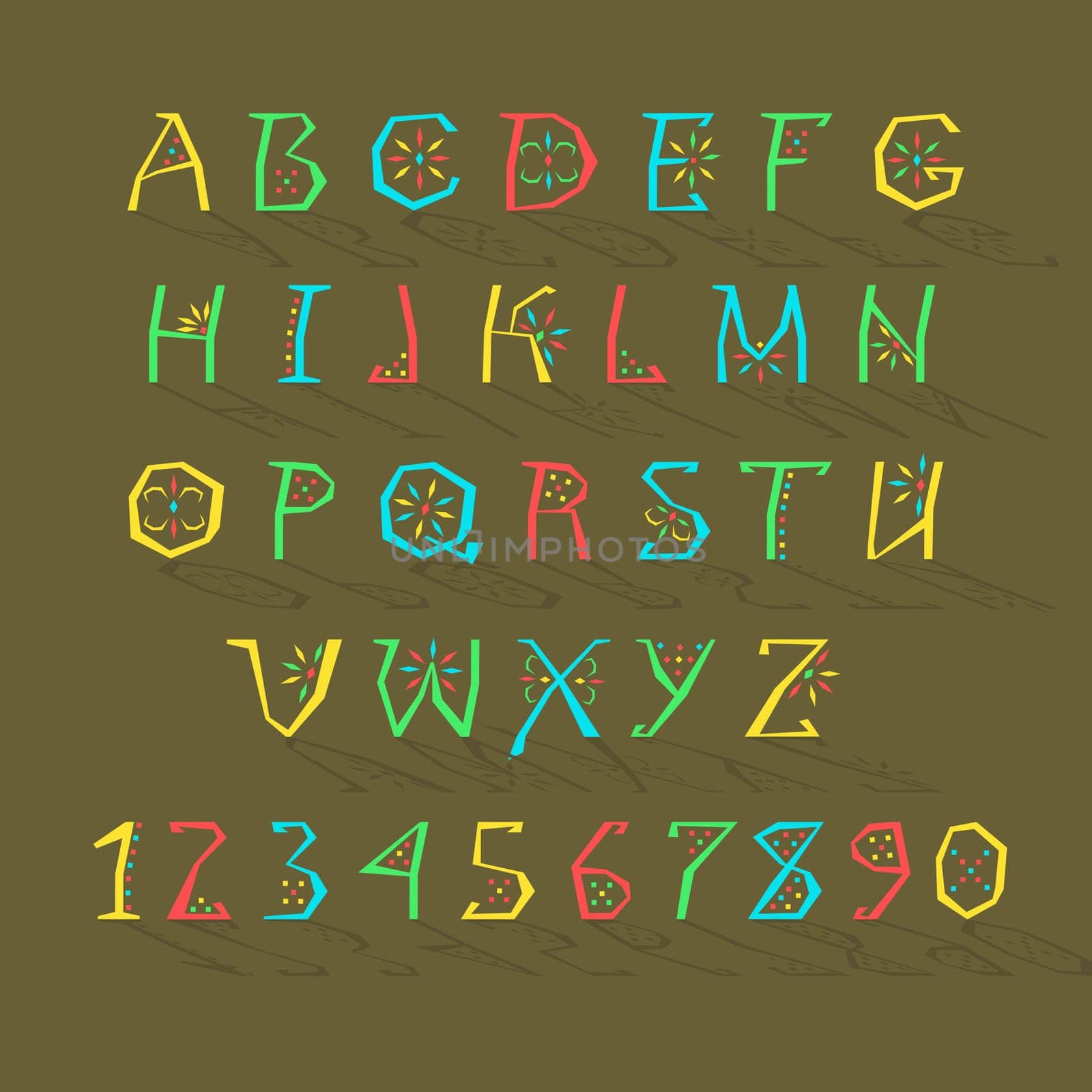 Colorful Alphabet. Artistic font. Bright letters and numbers with geometric decor.  Illustration