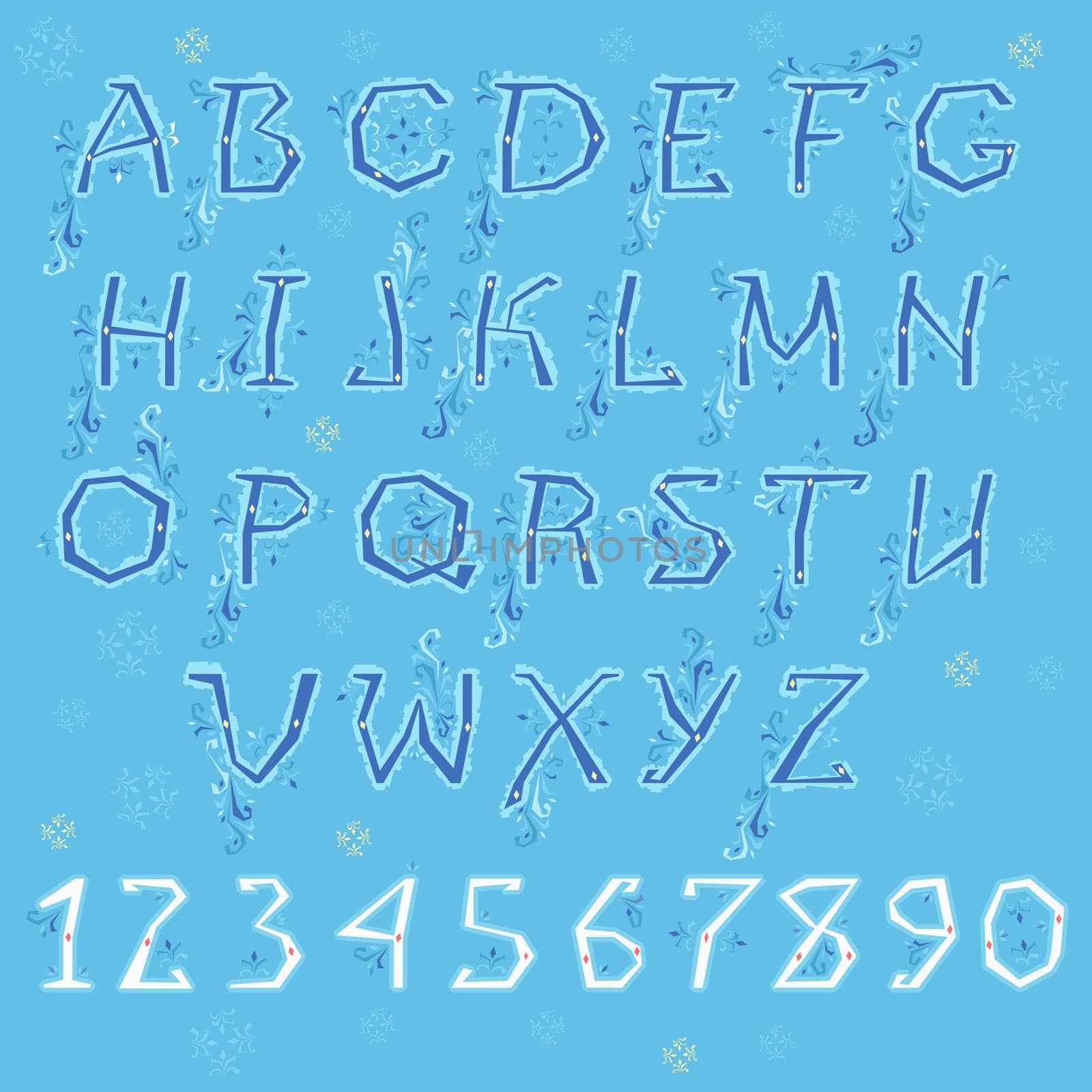 Winter Alphabet. Blue letters and white numbers with floral geometric decor.  Illustration