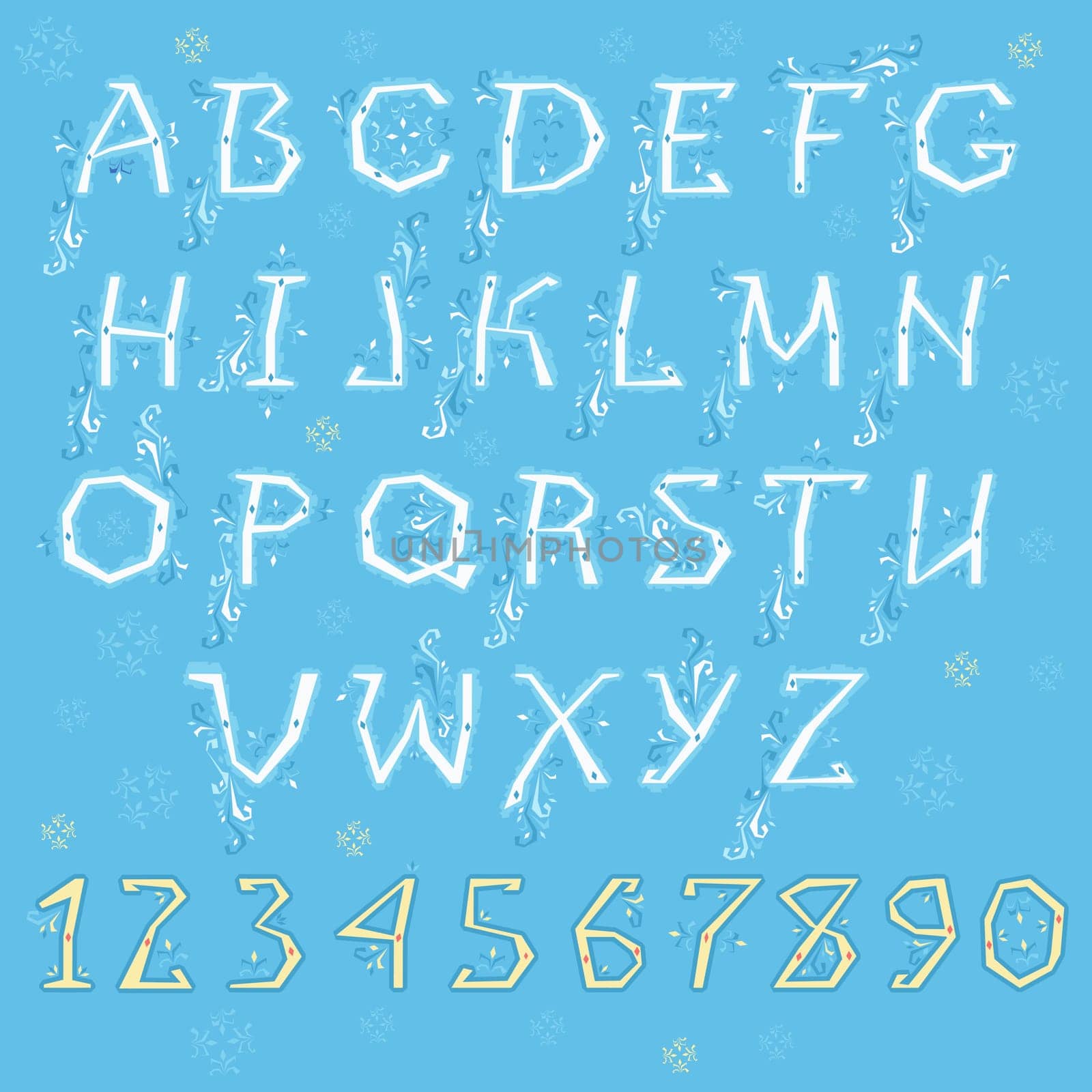 Winter Alphabet. White letters and yellow numbers with blue floral geometric decor.  Illustration