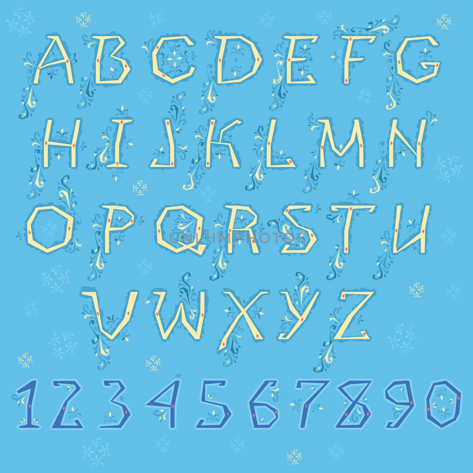 Spring Alphabet. Yellow letters and blue numbers with floral geometric decor.  Illustration