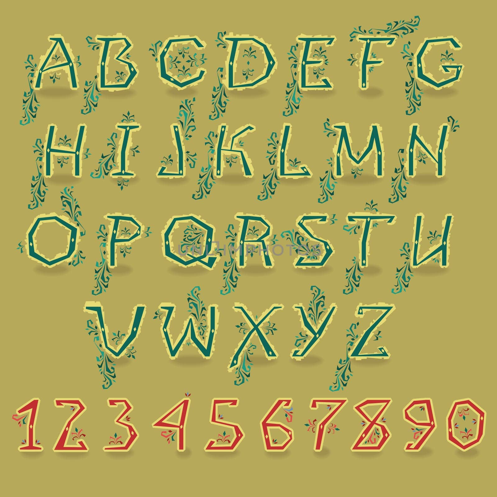 Green Country Alphabet. Green letters and red numbers with yellow edging and floral geometric decor.  Illustration