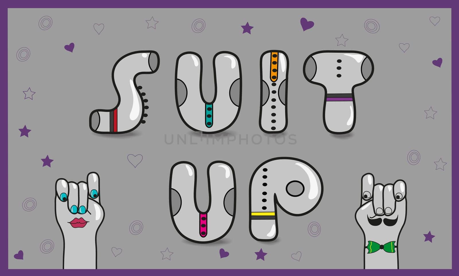 Inscription Suit up. Gray artistic font. Cartoon hands looking at each other. Fashional font. Hipster look. Vintage fount. Illustration