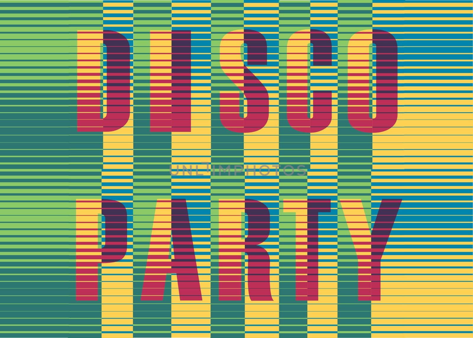 Disco Party Inscription. Vintage invitation. Striped colorful Letters. Illustration