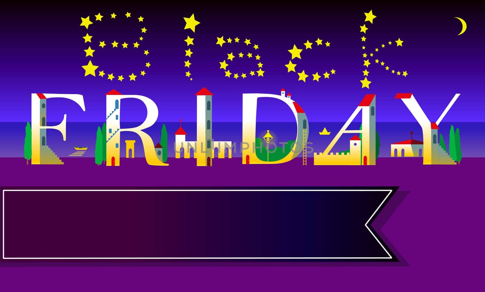 Black Friday Inscription. Cute houses Font. Night beach. Stars in the sky. Banner for custom text. Illustration.