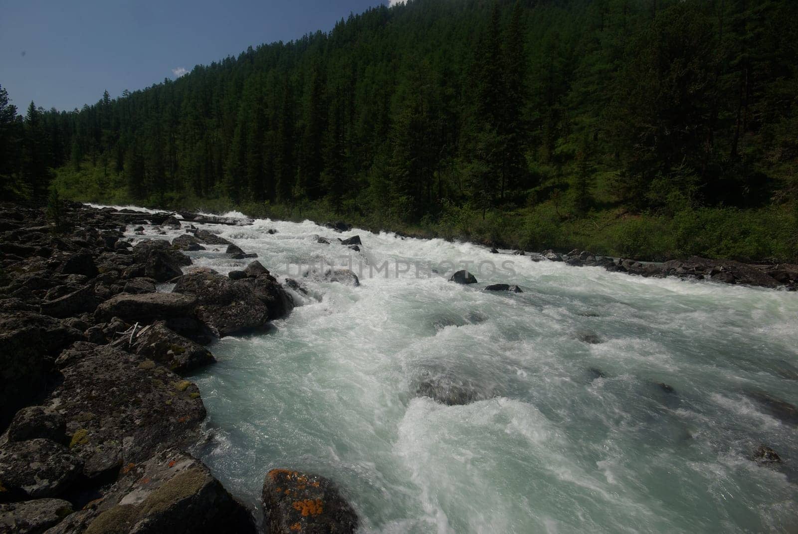 The mountain river in the mountains. Current through the gorge the river. Stones and rocky land near the river. Beautiful mountain landscape.