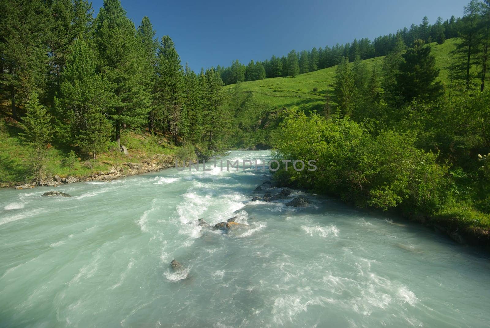 The mountain river in the mountains. Current through the gorge the river. Stones and rocky land near the river. Beautiful mountain landscape.