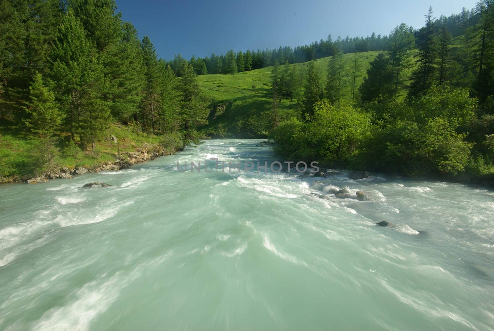 The mountain river in the mountains. Current through the gorge the river. Stones and rocky land near the river. Beautiful mountain landscape.