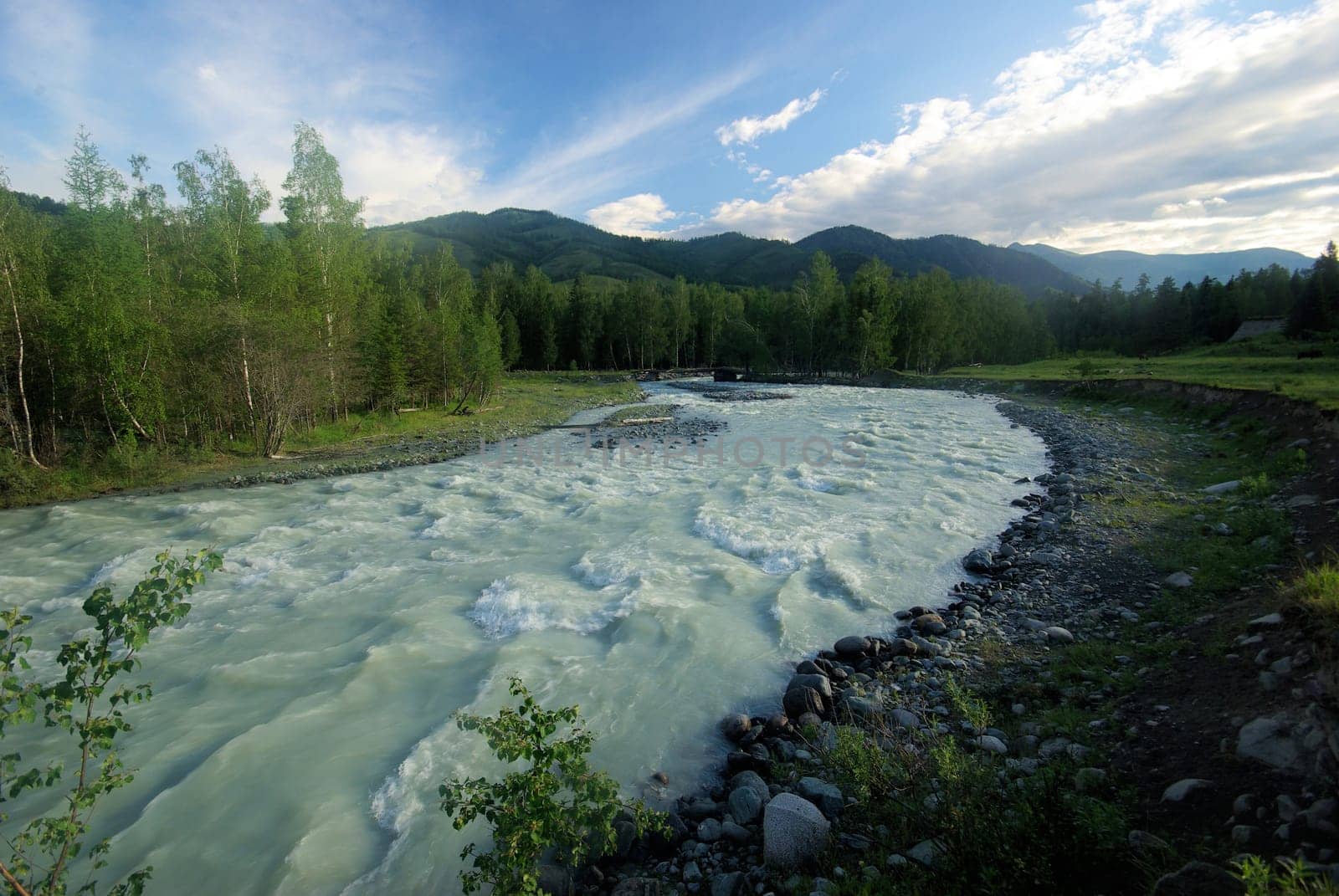 The mountain river in the mountains. Current through the gorge the river. Stones and rocky land near the river. Beautiful mountain landscape.