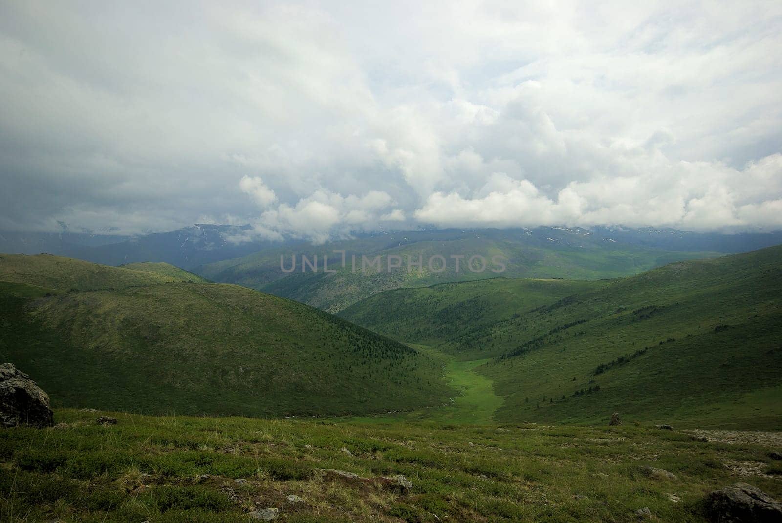 The mountain river in the mountains. Current through the gorge the river. Stones and rocky land near the river. Beautiful mountain landscape.