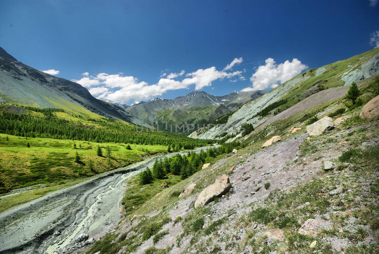 The mountain river in the mountains. Current through the gorge the river. Stones and rocky land near the river. Beautiful mountain landscape.