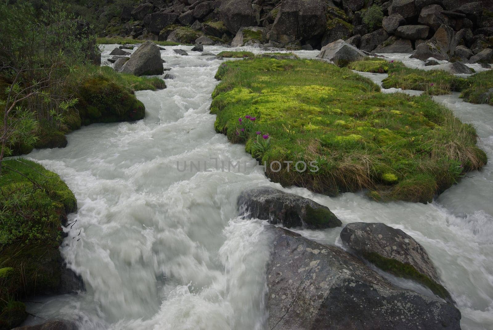 The mountain river in the mountains. Current through the gorge the river. Stones and rocky land near the river. Beautiful mountain landscape.