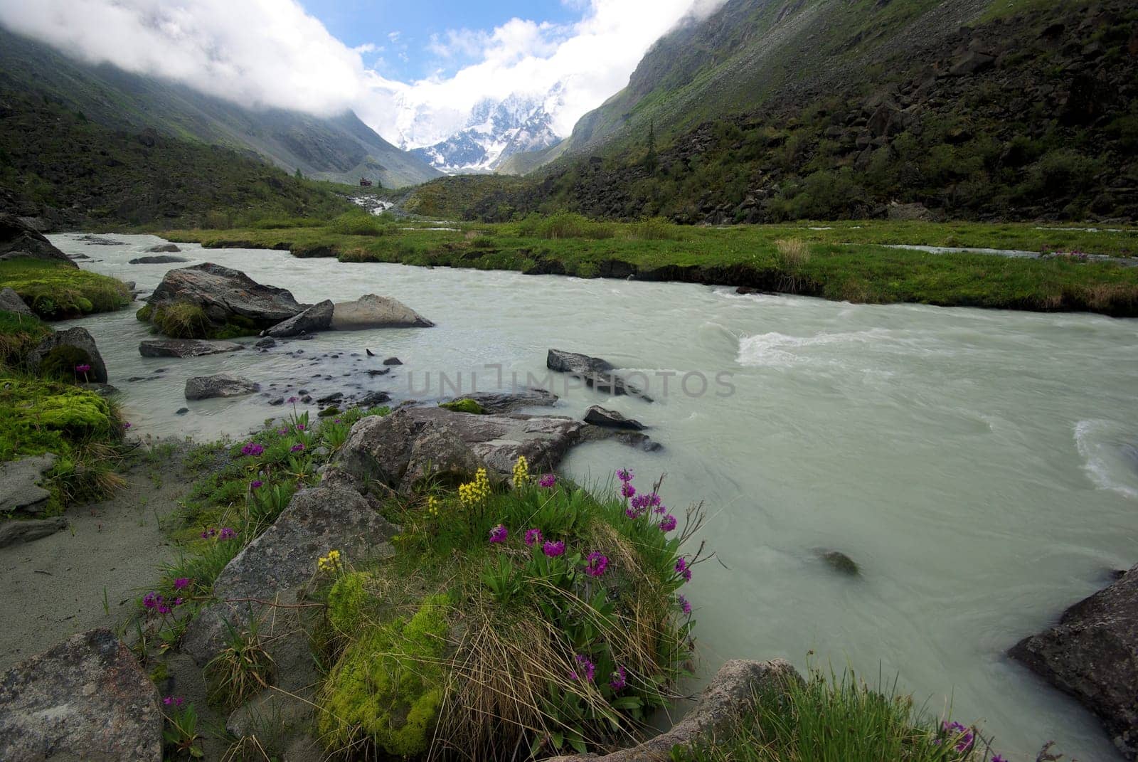 The mountain river in the mountains. Current through the gorge the river. Stones and rocky land near the river. Beautiful mountain landscape.