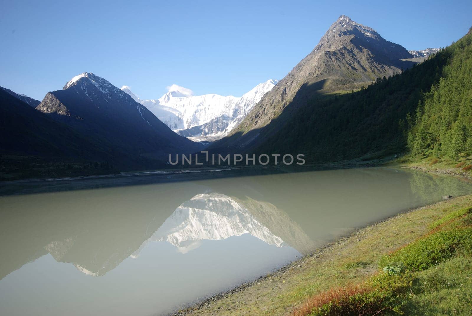 The mountain river in the mountains. Current through the gorge the river. Stones and rocky land near the river. Beautiful mountain landscape.