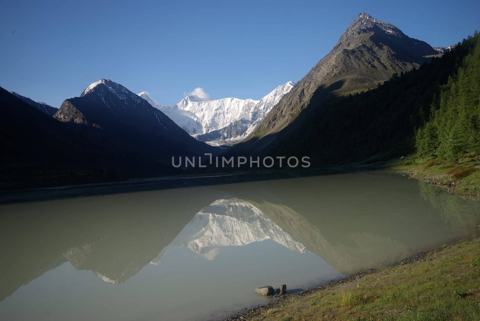 The mountain river in the mountains. Current through the gorge the river. Stones and rocky land near the river. Beautiful mountain landscape.