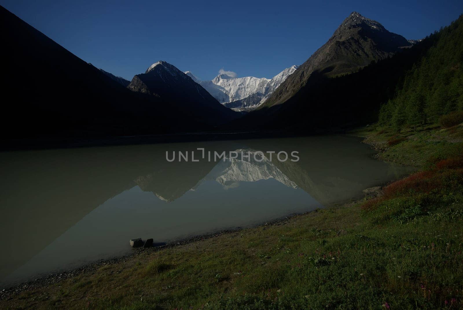 The mountain river in the mountains. Current through the gorge the river. Stones and rocky land near the river. Beautiful mountain landscape.