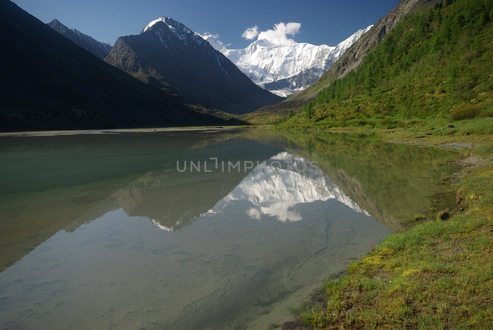 The mountain river in the mountains. Current through the gorge the river. Stones and rocky land near the river. Beautiful mountain landscape.