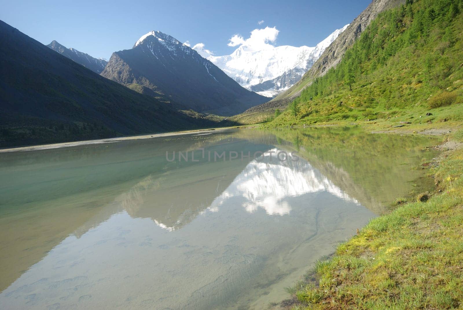 The mountain river in the mountains. Current through the gorge the river. Stones and rocky land near the river. Beautiful mountain landscape.