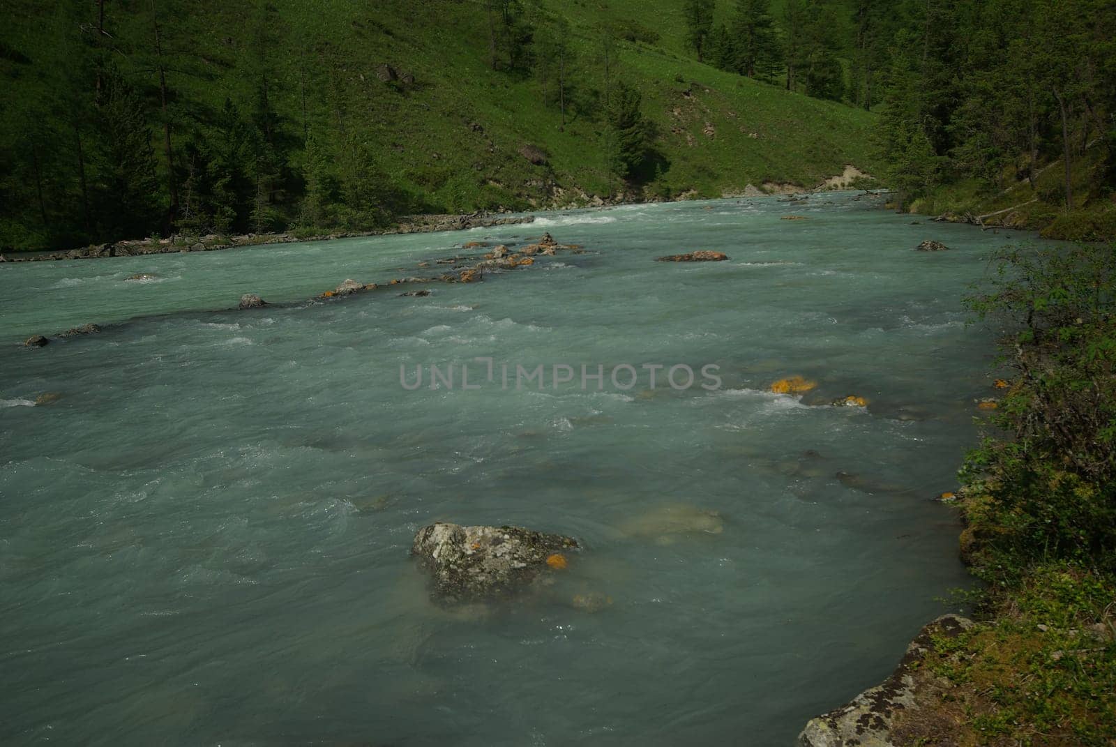 The mountain river in the mountains. Current through the gorge the river. Stones and rocky land near the river. Beautiful mountain landscape.