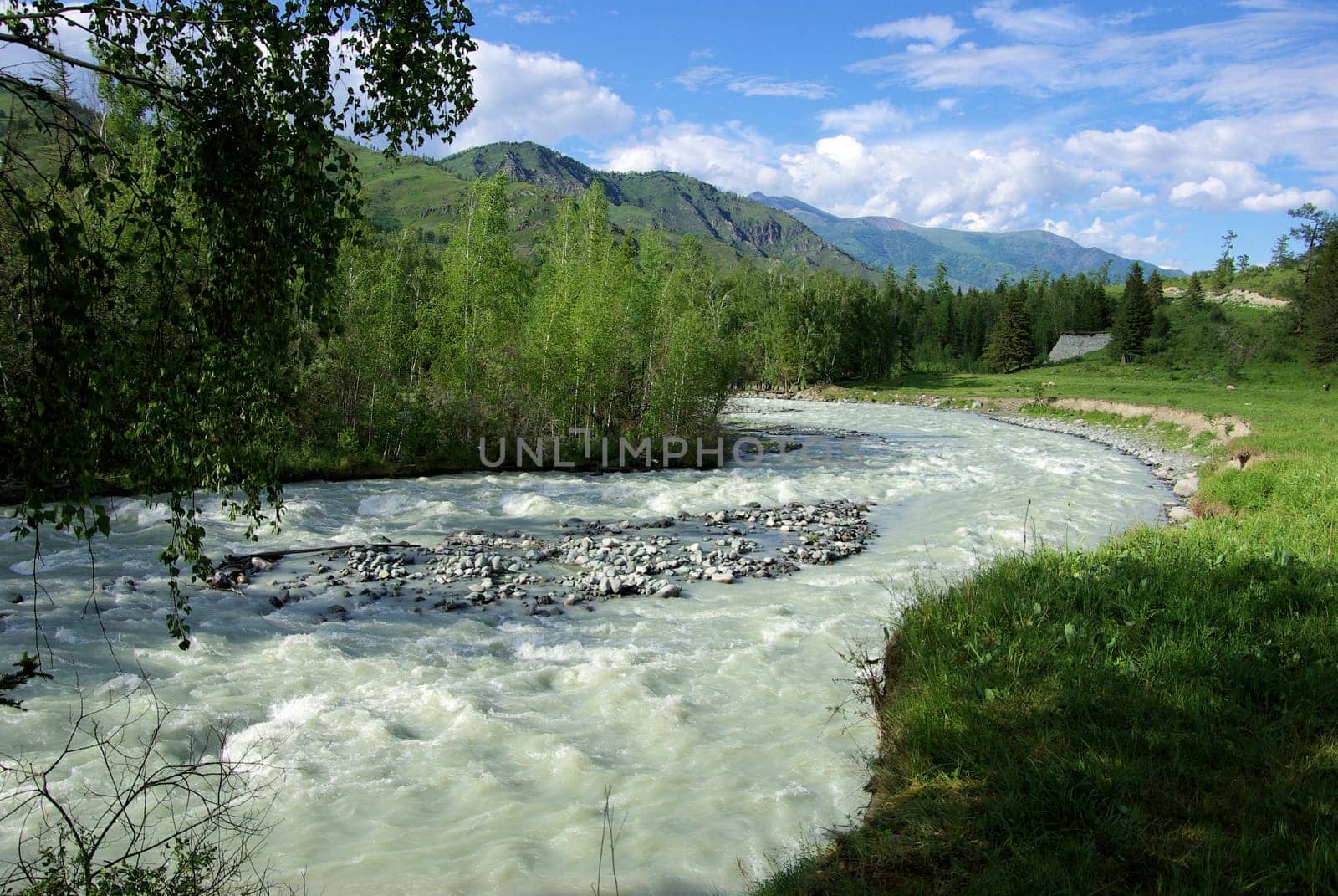 The mountain river in the mountains. Current through the gorge the river. Stones and rocky land near the river. Beautiful mountain landscape.